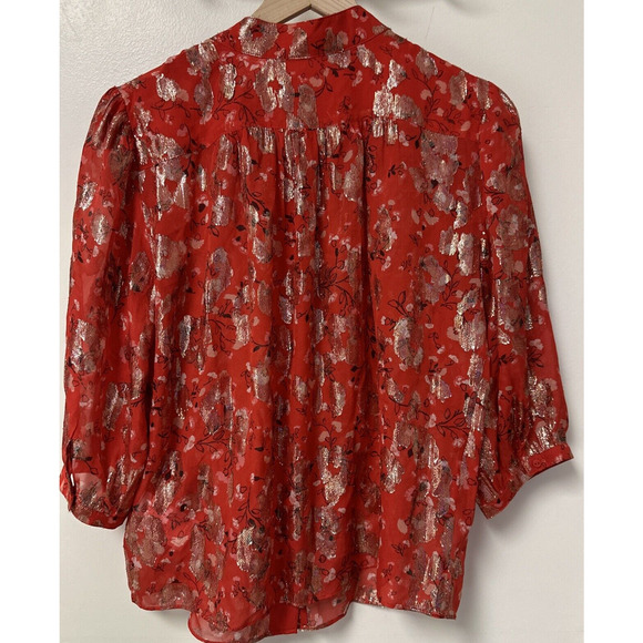 ba&sh Tanama Blouse Red Floral Gold Metallic Accents Women Size S/4 Fancy NWT - Picture 9 of 14